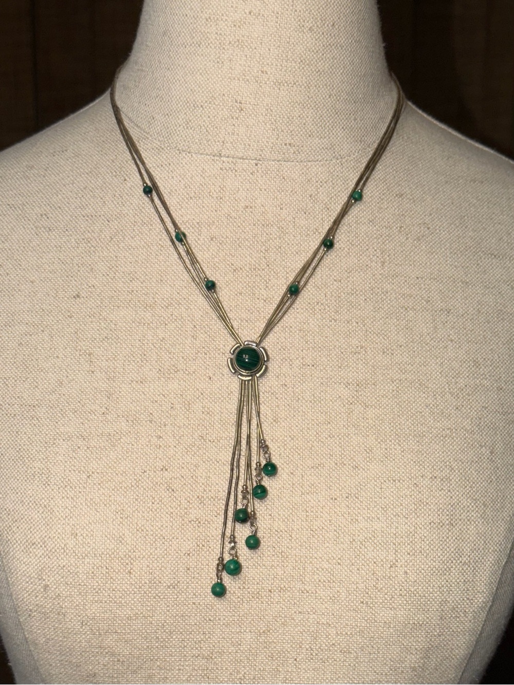 Coldwater Creek Malachite Lariat Necklace with Silver Chains